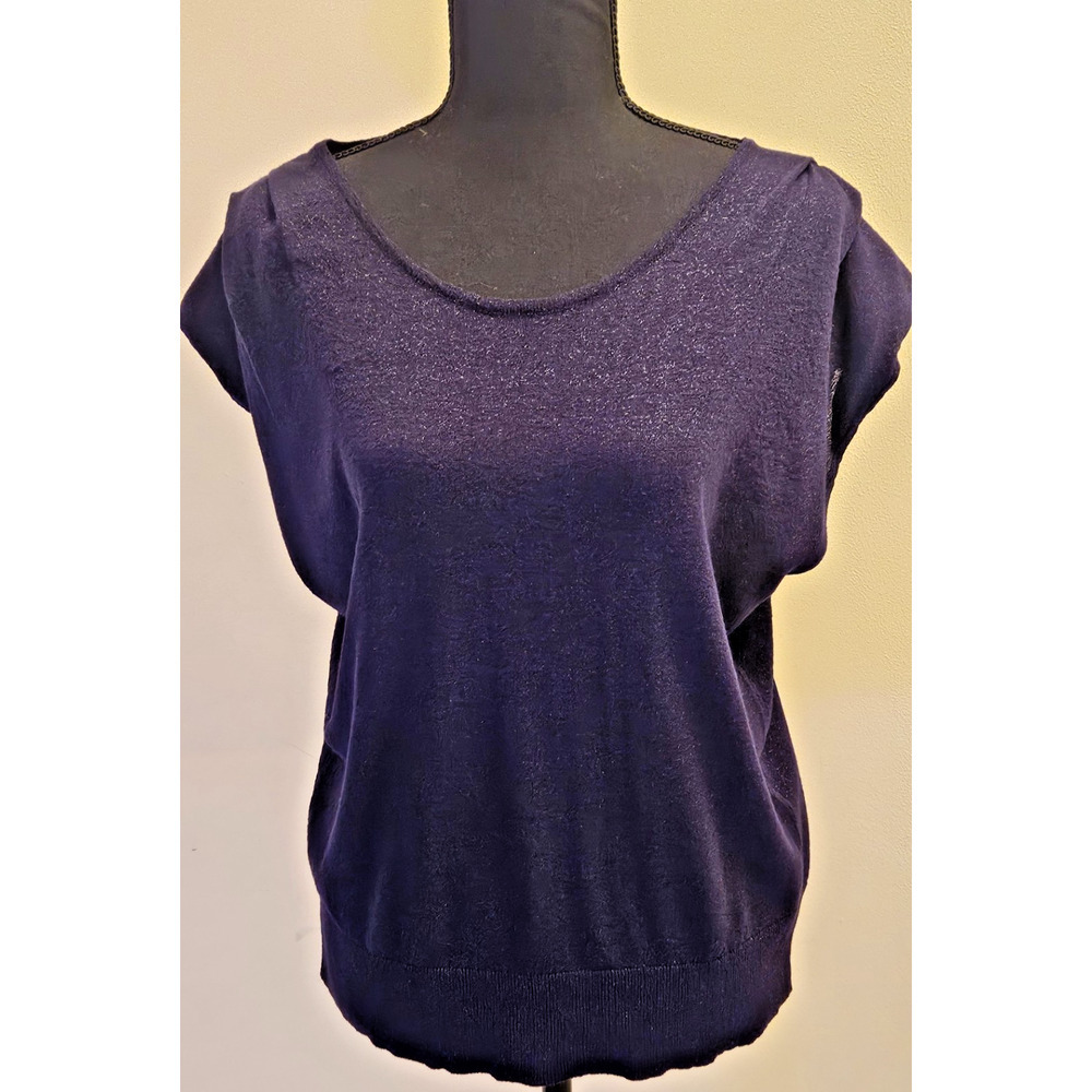 White House Black Market Whbm Navy/Silver Shimmer Round Neck Short SleeveTop XL
